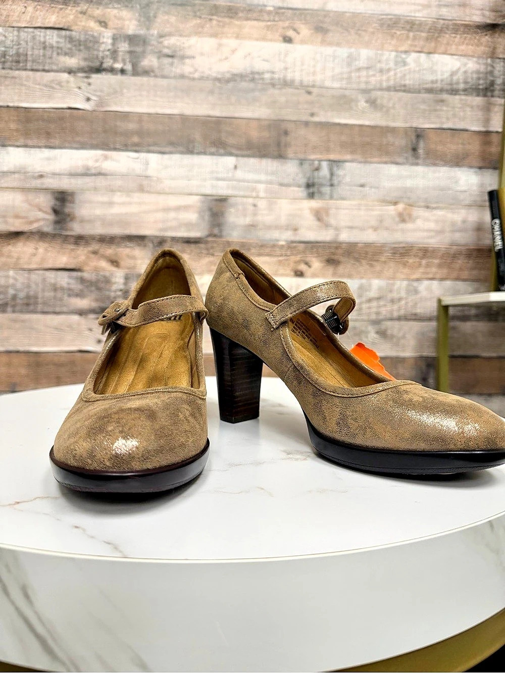 Soft Tan Metallic Mary Jane Pumps 8